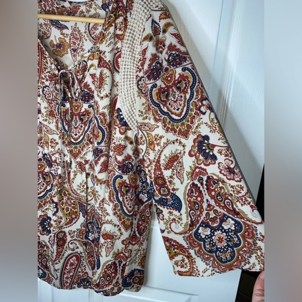 Bohemian Paisley Blouse with Crochet Details, Women’s Large Top, Fall, Autumn